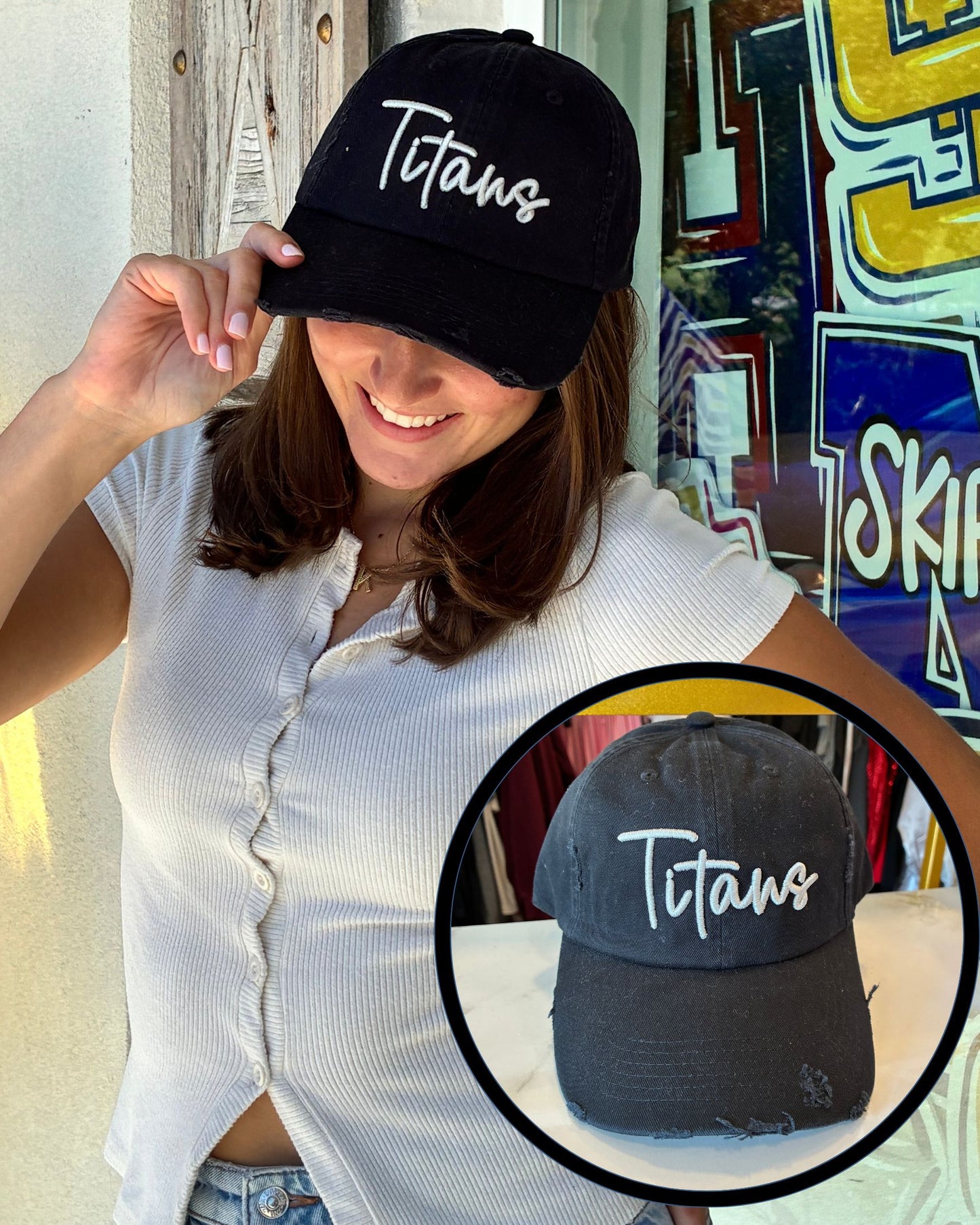 A woman wearing a black distressed baseball cap with 'Titans' embroidered in silver script. The image includes a circular inset showing the cap from the front.