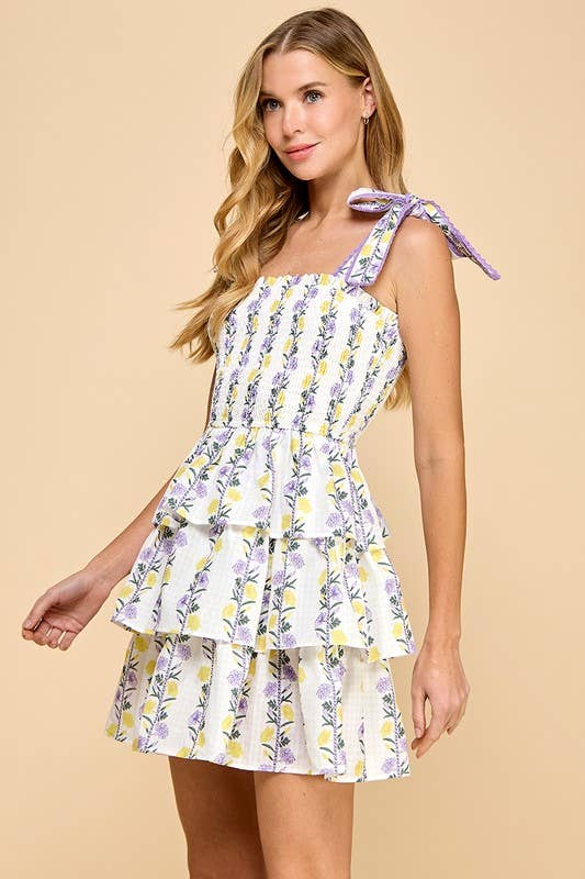 Floral Striped Smocked Tiered Skirt Dress