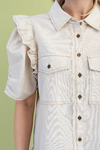Linen Button up Shirt w Ruffled Gathered Sleeve