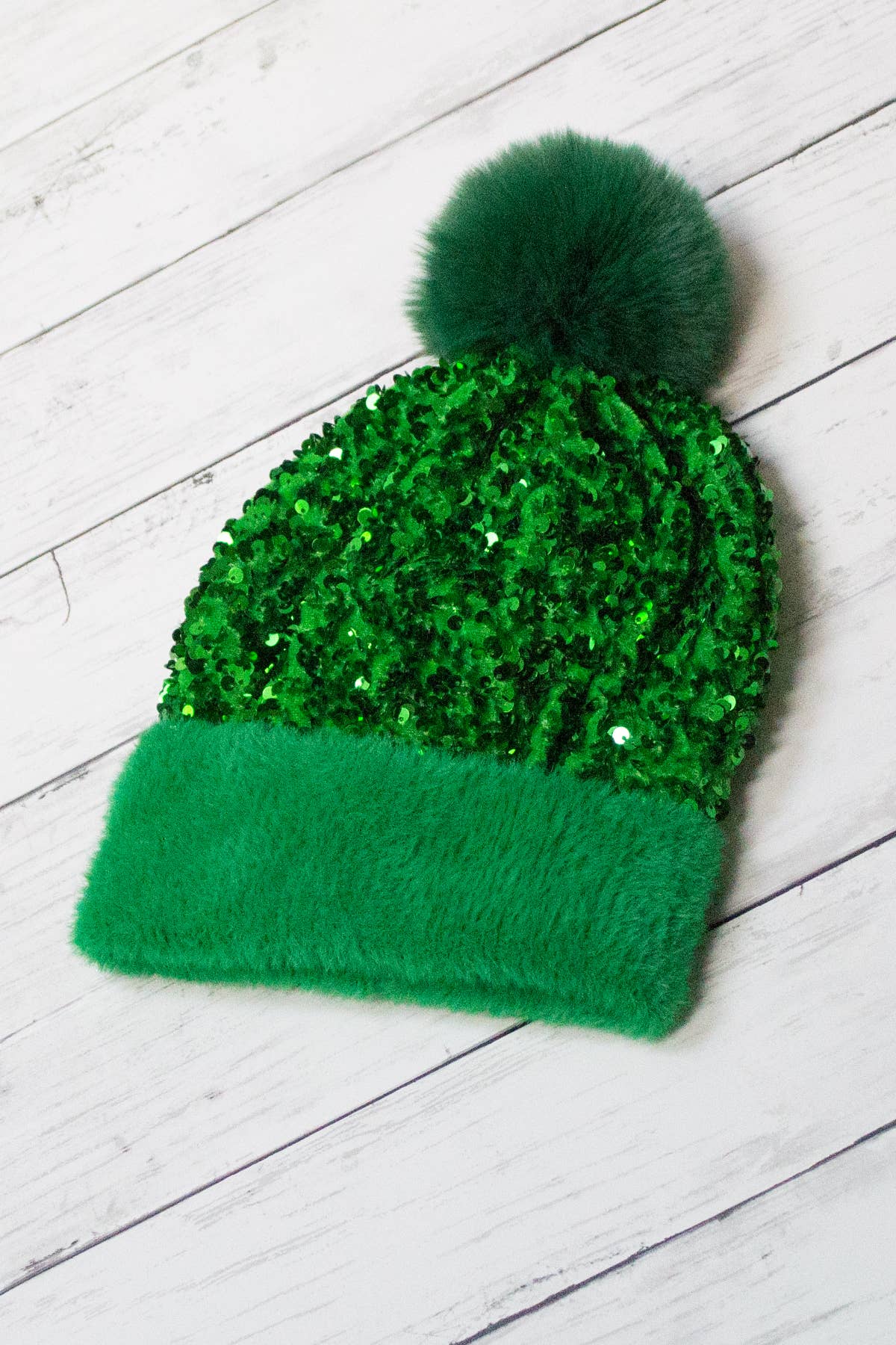 Sequin Fur Pom Fashion Beanie - Green
