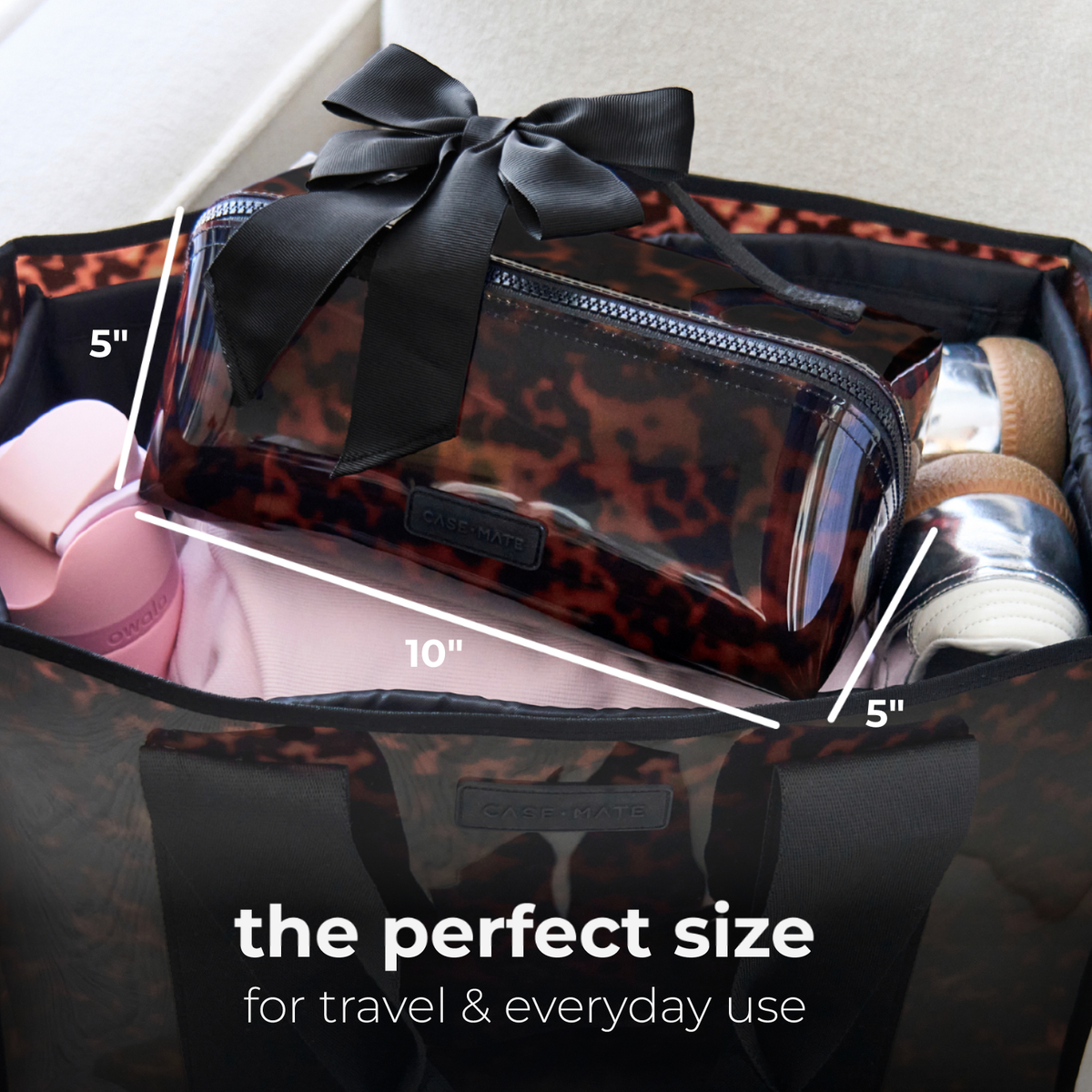 Tortoiseshell cosmetic bag dimensions, 10 by 5 by 5 inches