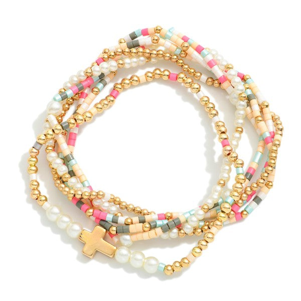 Set of 6 Bead, Pearl and Gold Beaded Stretch Bracelet w Cross Charm