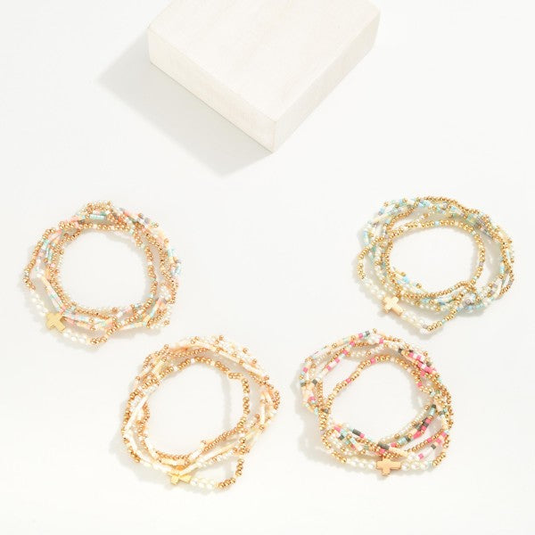Set of 6 Bead, Pearl and Gold Beaded Stretch Bracelet w Cross Charm