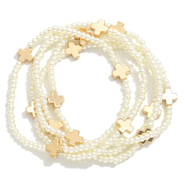 Set of 5 Pearl Cross Bracelets