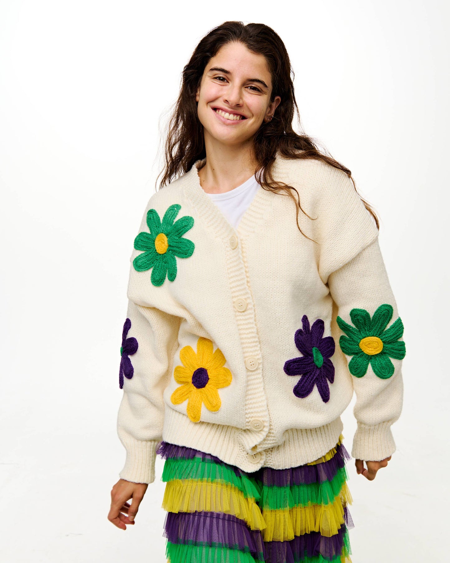 Mardi Gras flower cardigan