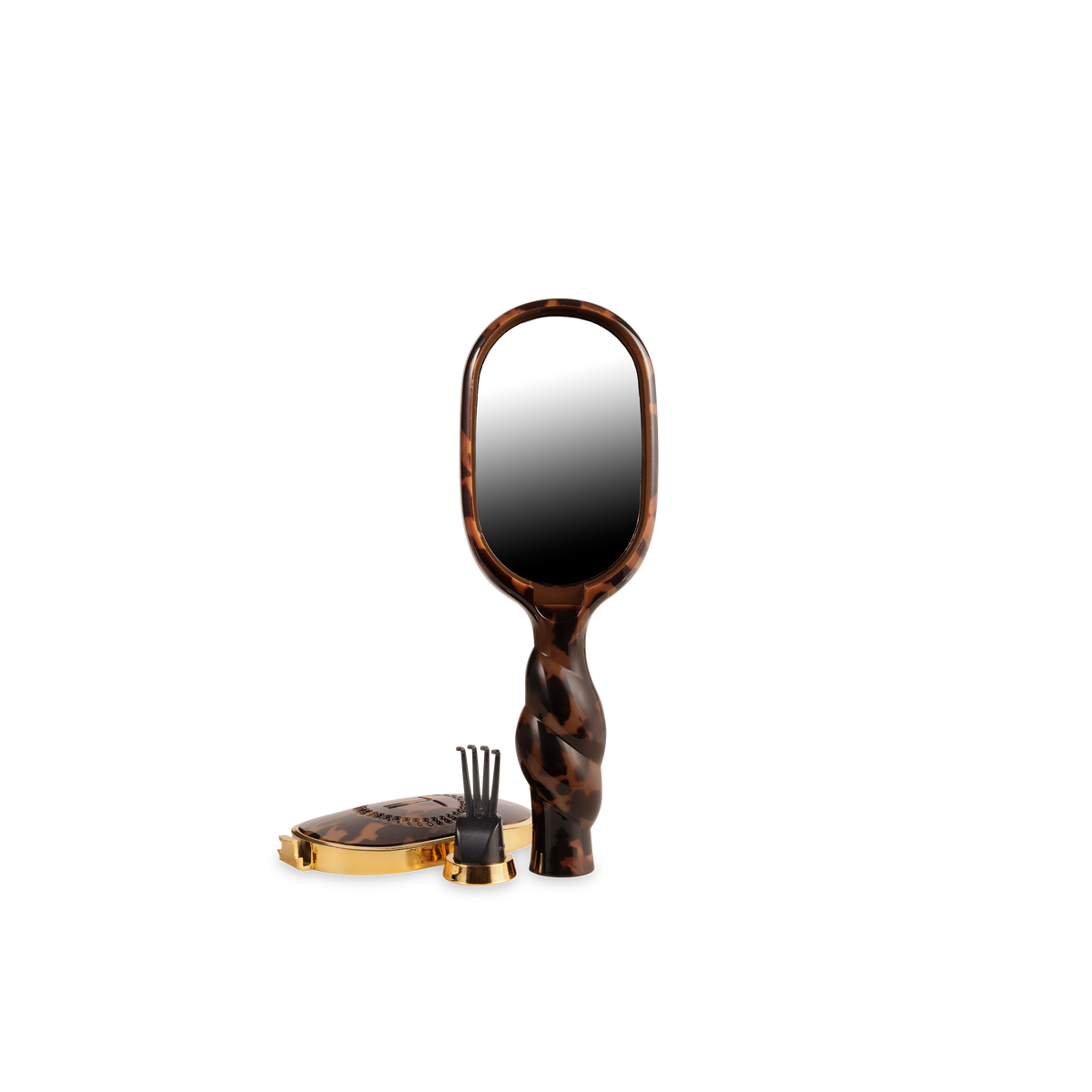 Back of the tortoise mini detangler brush with built-in mirror