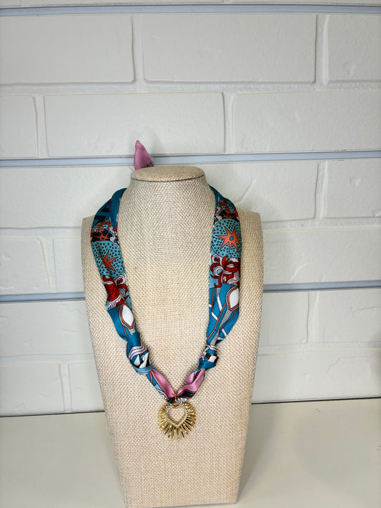 SCARF CHARM NECKLACE – BLUE AND RED FLORAL PRINT WITH GOLD RHINESTONED HEART PENDANT