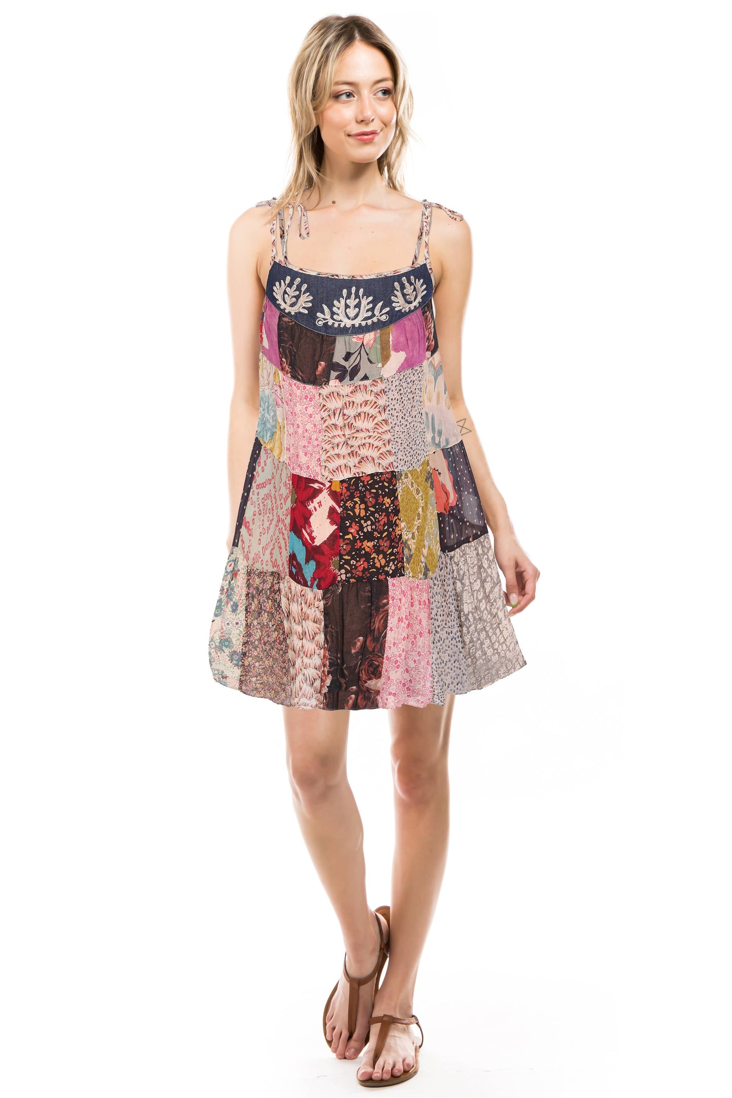 Babydoll Spaghetti Dress Denim Yolk Patched