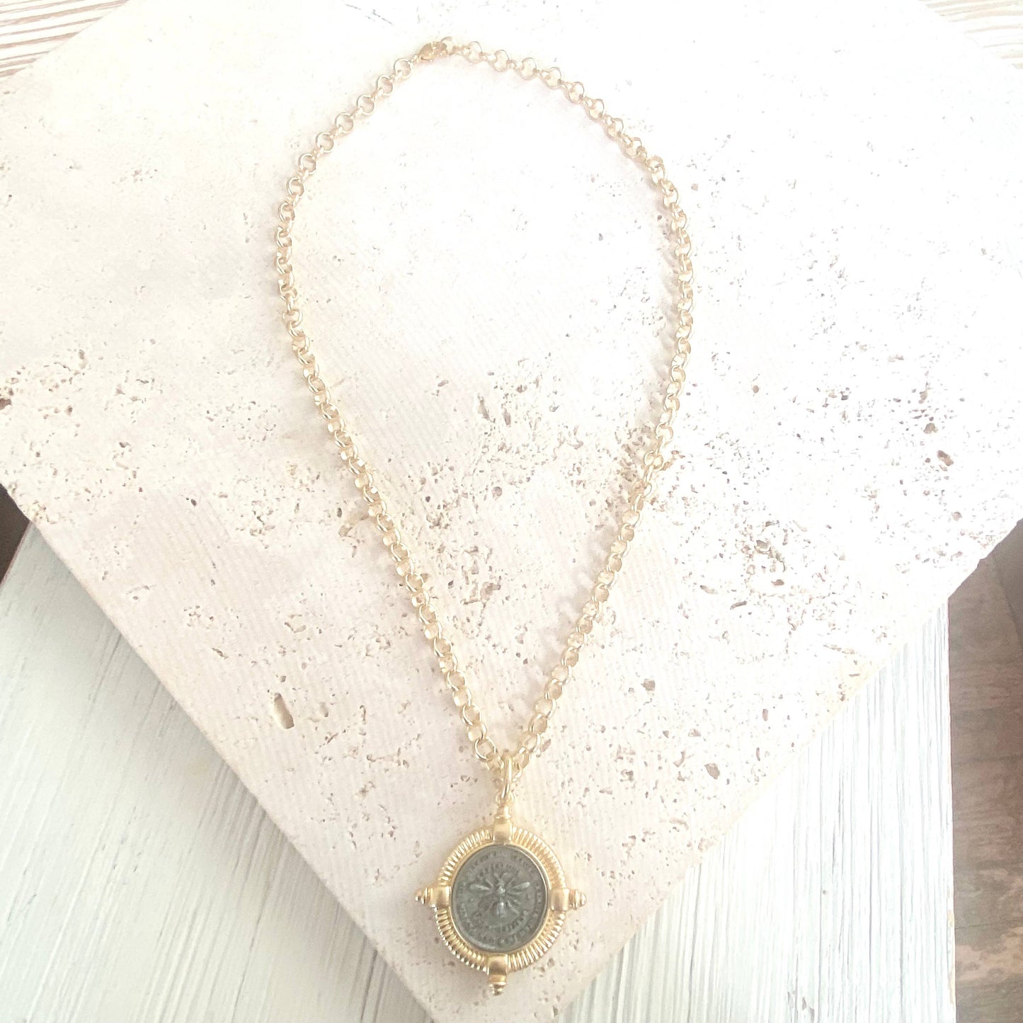 Bee necklace coin jewelry French matte gold boutique