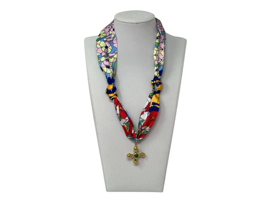 Scarf Charm Necklace - Multi Blue and Green Scarf with Gold