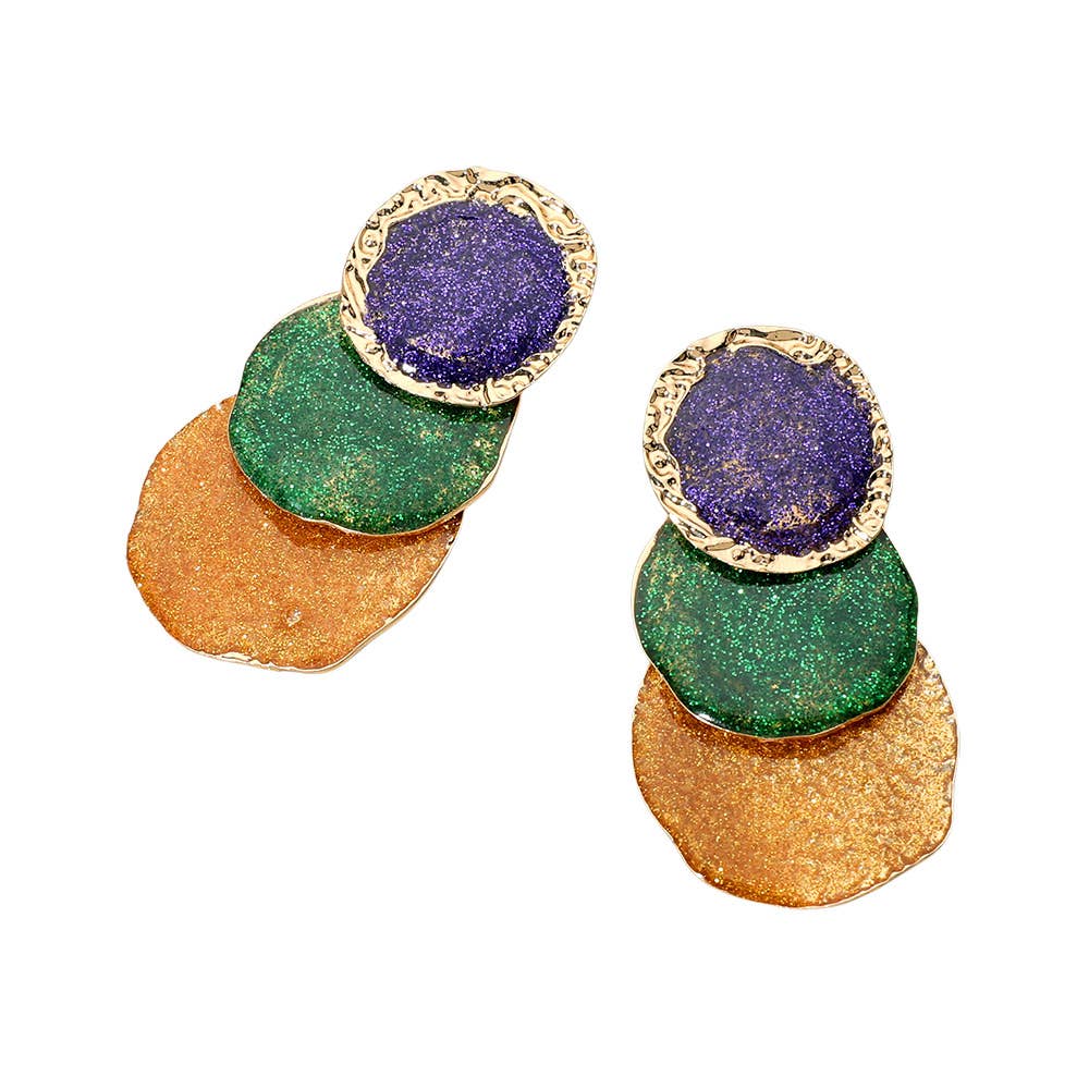 Glittered Enamel Mardi Gras Triple Disc Layered Earrings