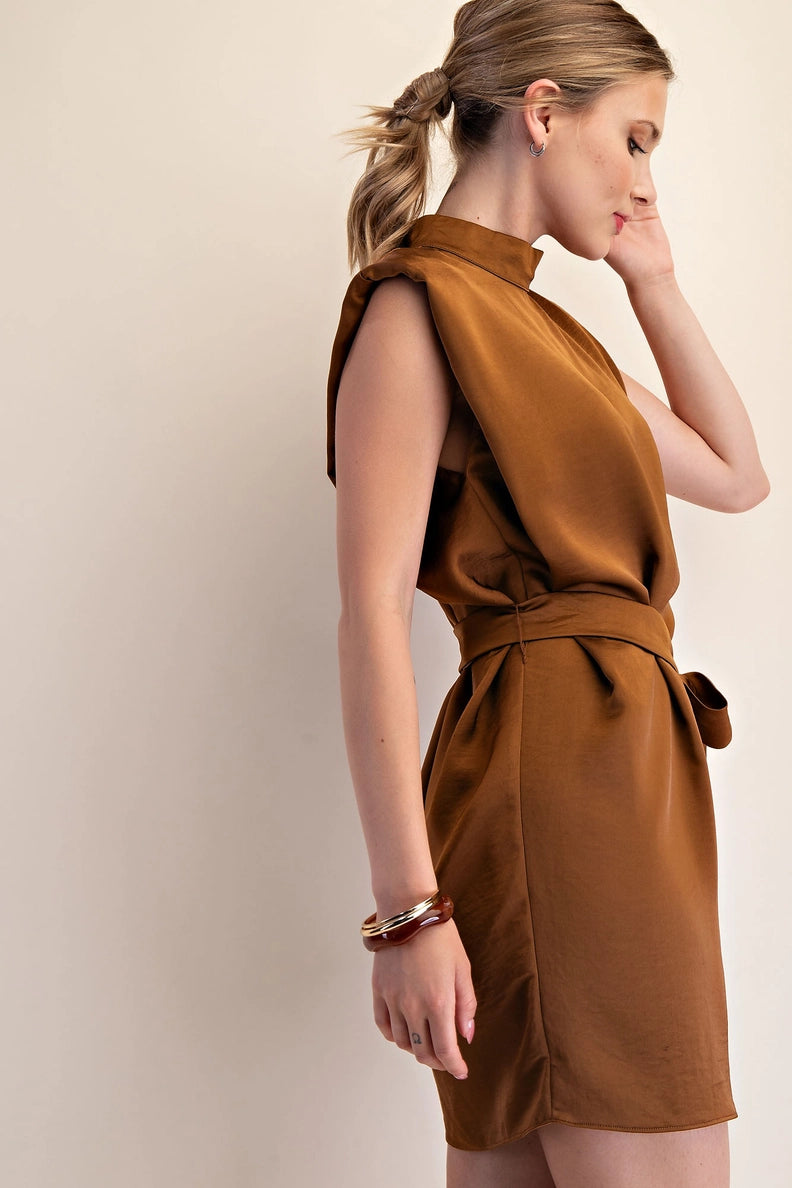 Copper Mock Neck Satin Mini with Shoulder Pads