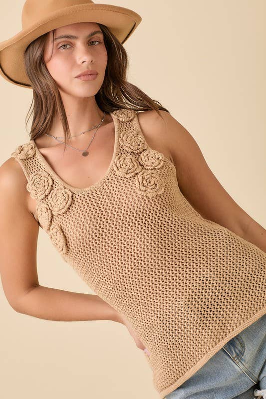 Crochet Knitted Tank Top With 3D Flower