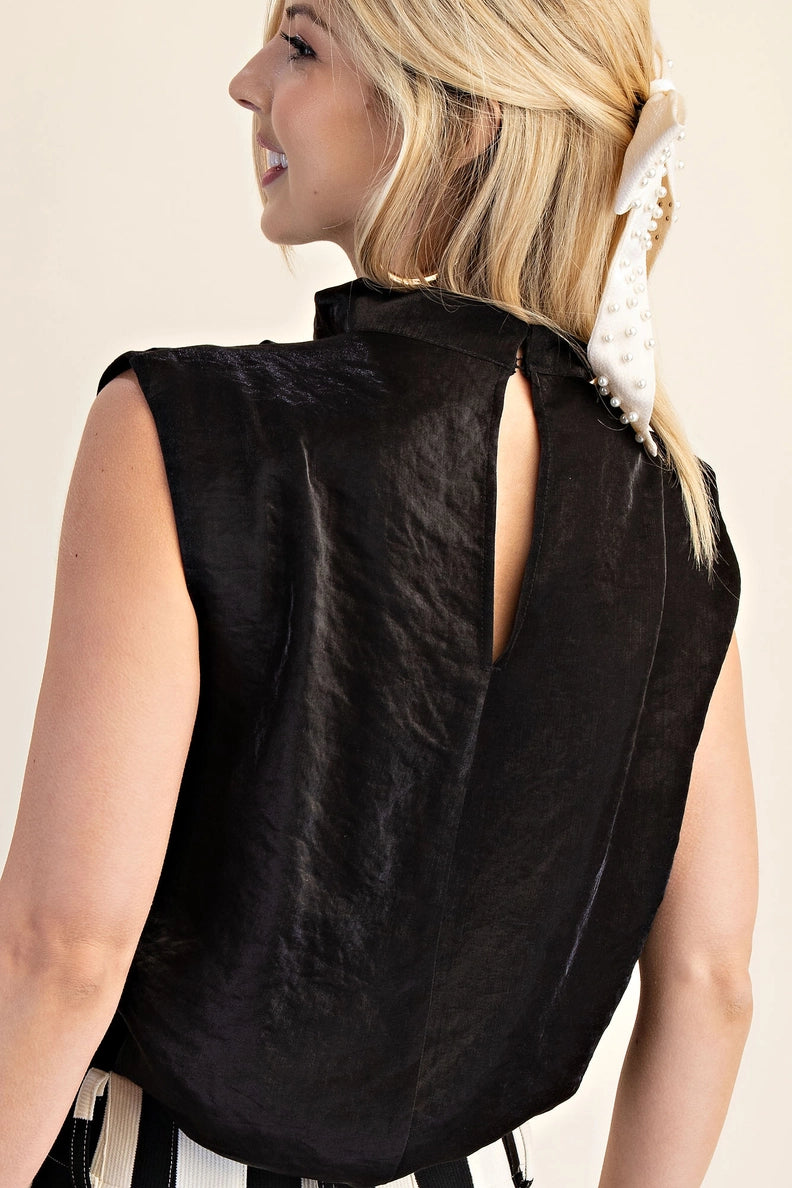 Black Cowl Neck Pleated Sleeveless Top