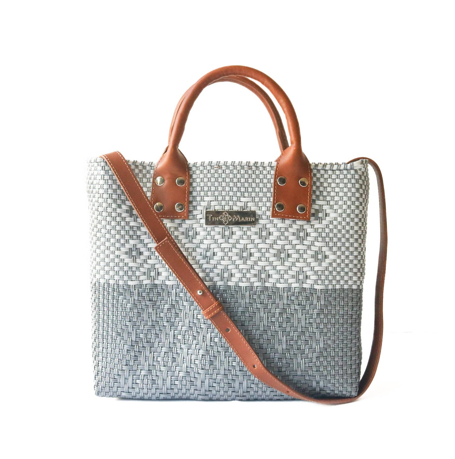 Gray Large Woven Crossbody Bag - Tan Leather