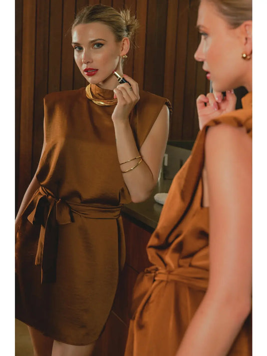 Copper Mock Neck Satin Mini with Shoulder Pads
