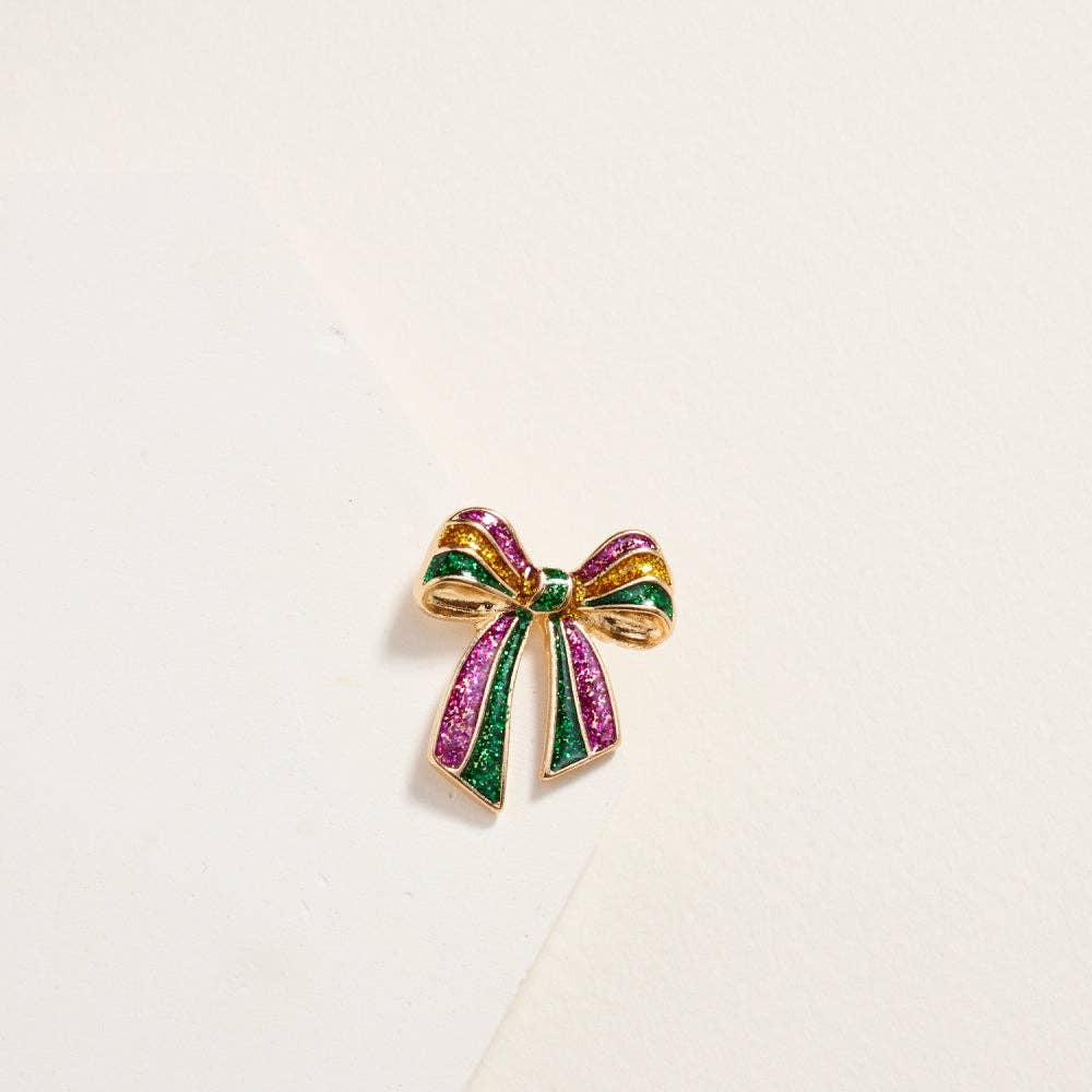 Mardi Gras Glitter Bow Ribbon Post Earrings