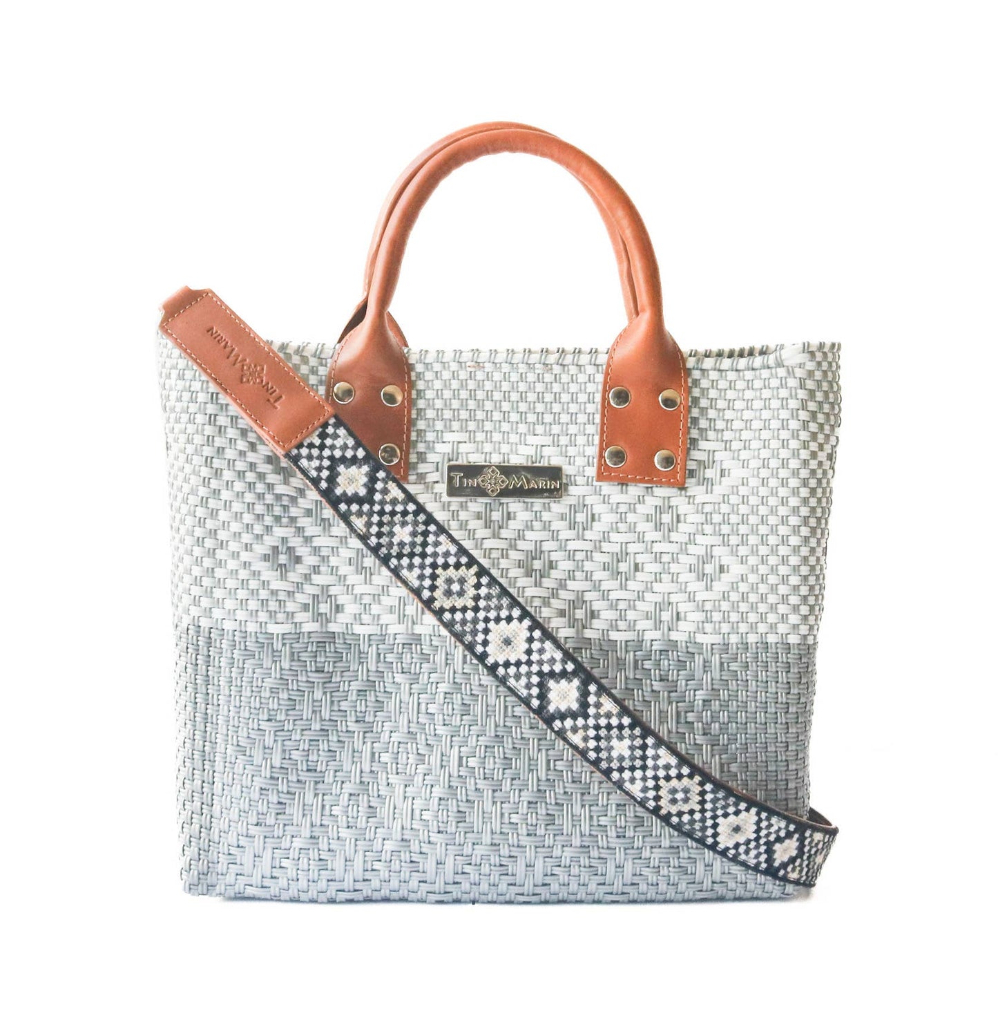 Gray Large Woven Crossbody Bag - Tan Leather