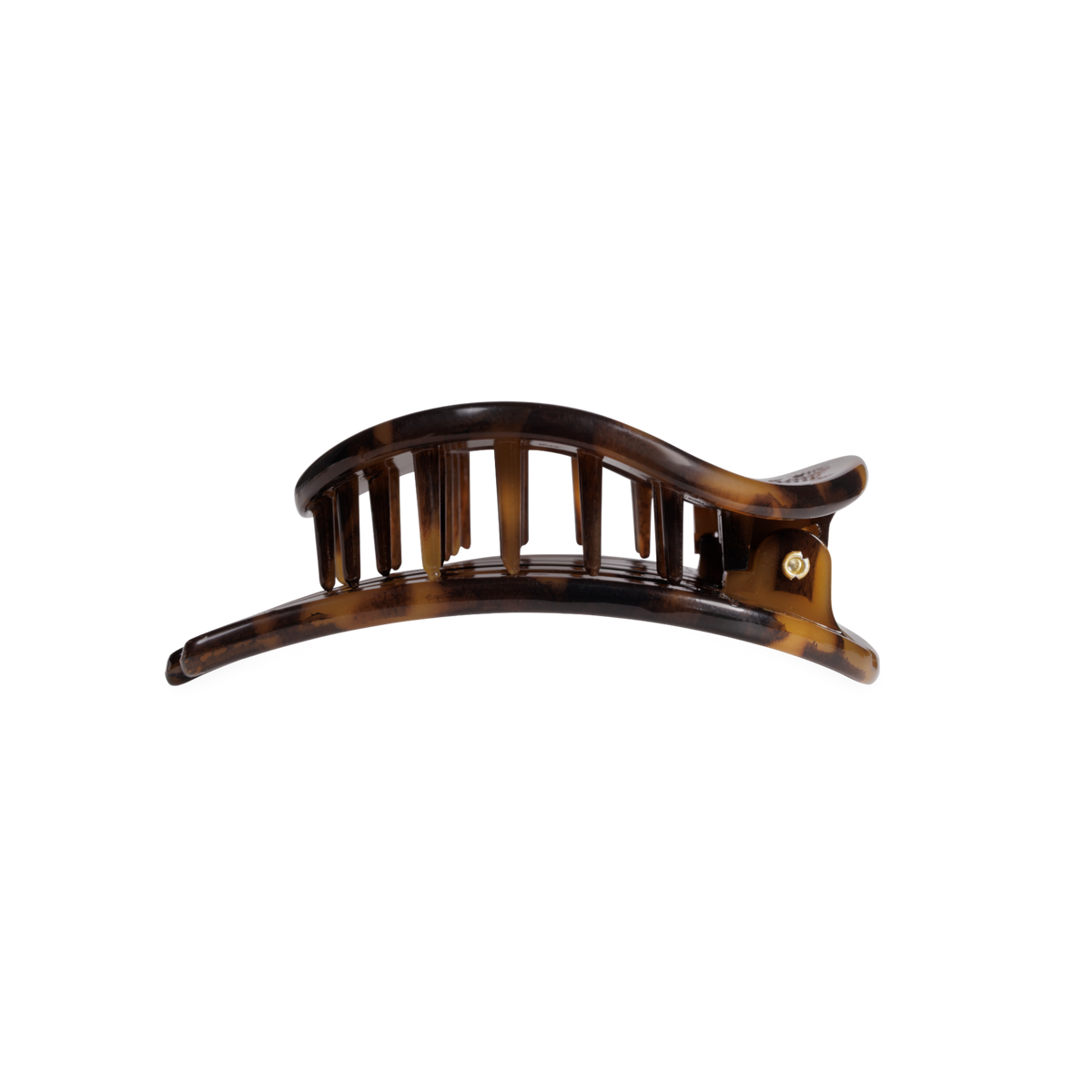 Side view of the Tortoise medium flat circle hair clip showing its bendable teeth
