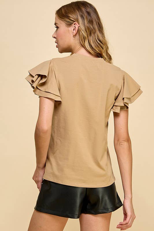 CT8734-Ruffle Sleeve Top: MOCHA / L