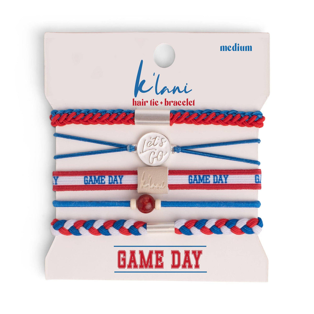 Red, white, and blue hair tie and bracelet set on a 'Kilani' branded card.