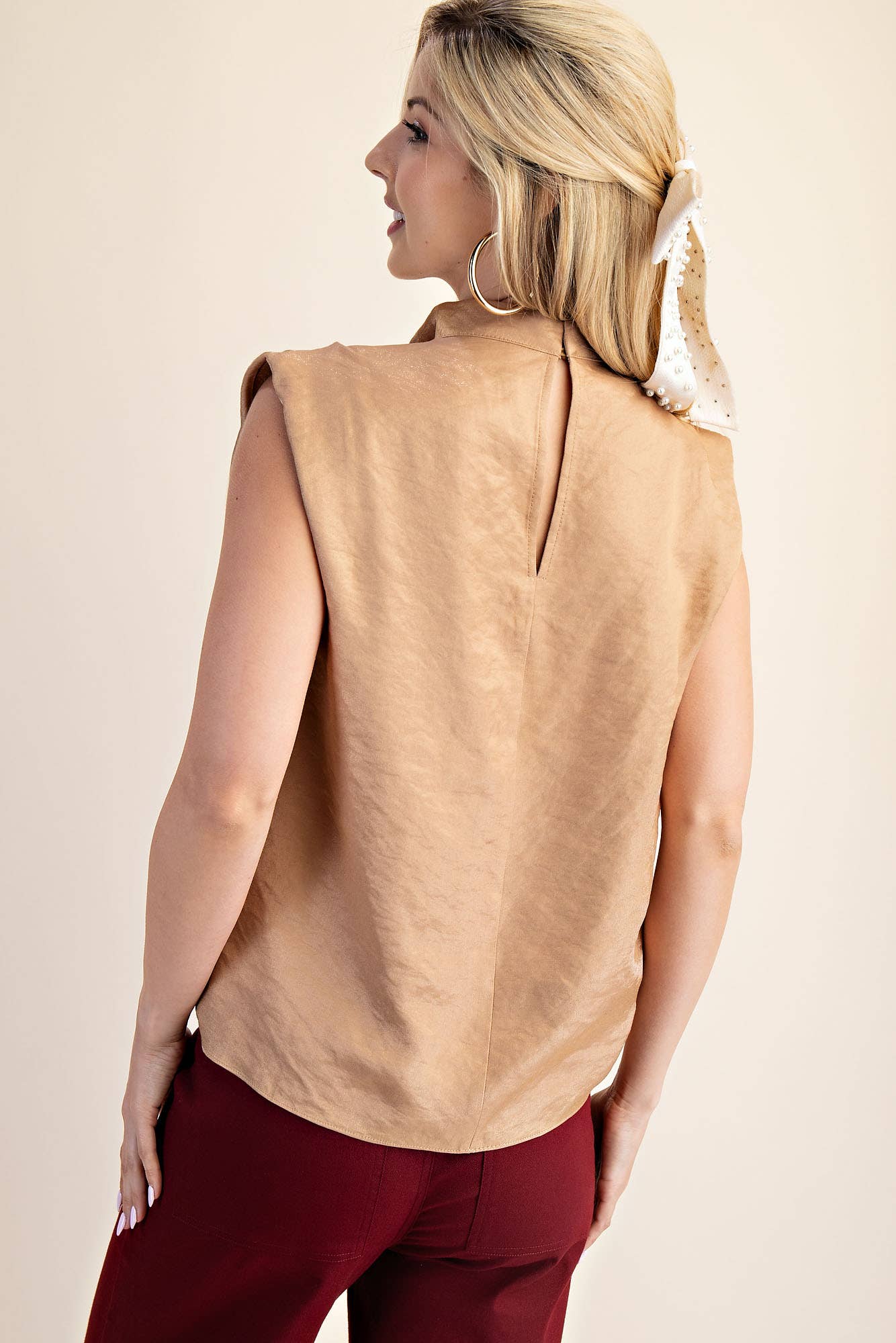 tan Cowl Neck Pleats Sleeveless Top