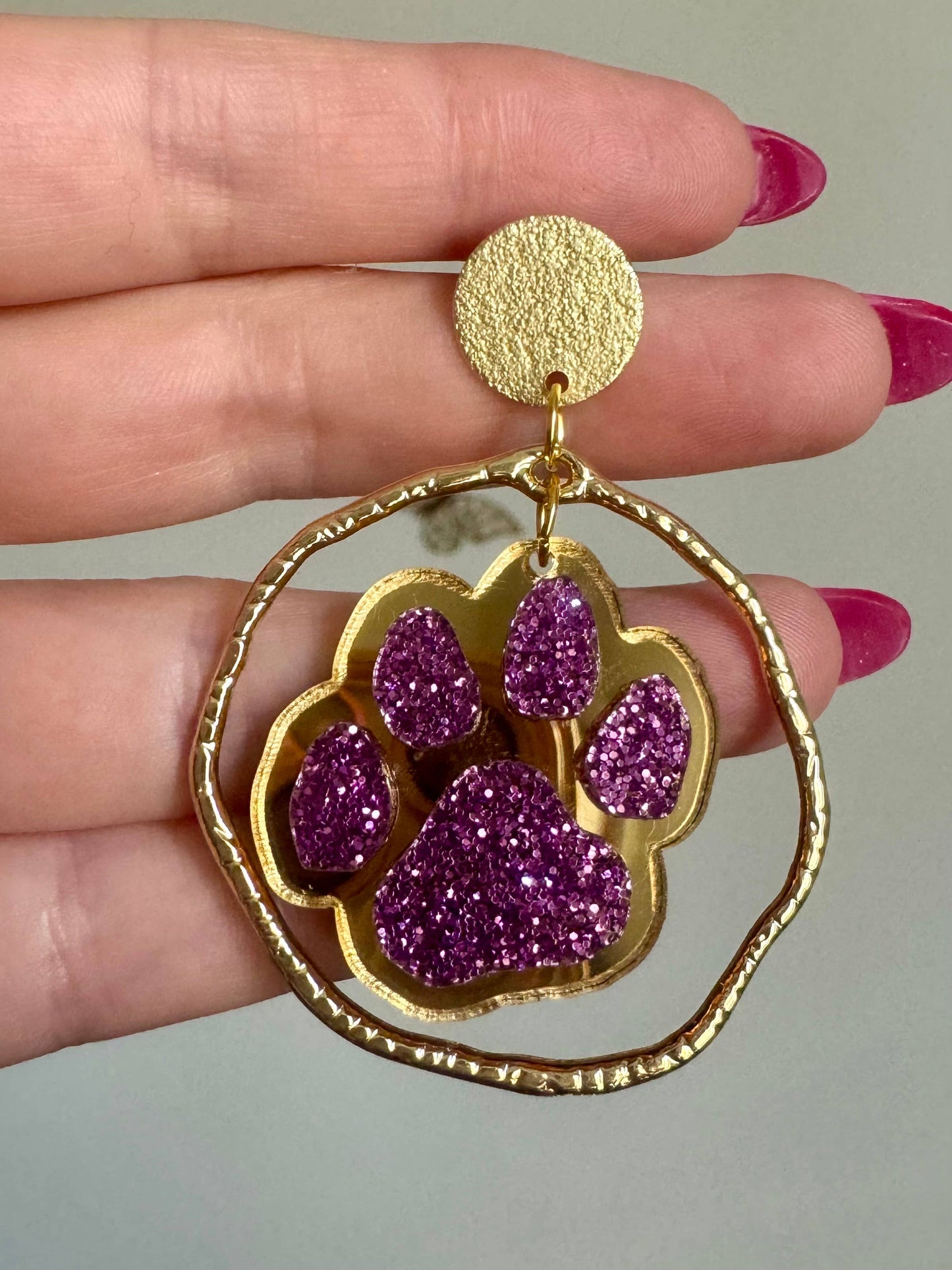Purple & Gold Football Sports Paw Earrings