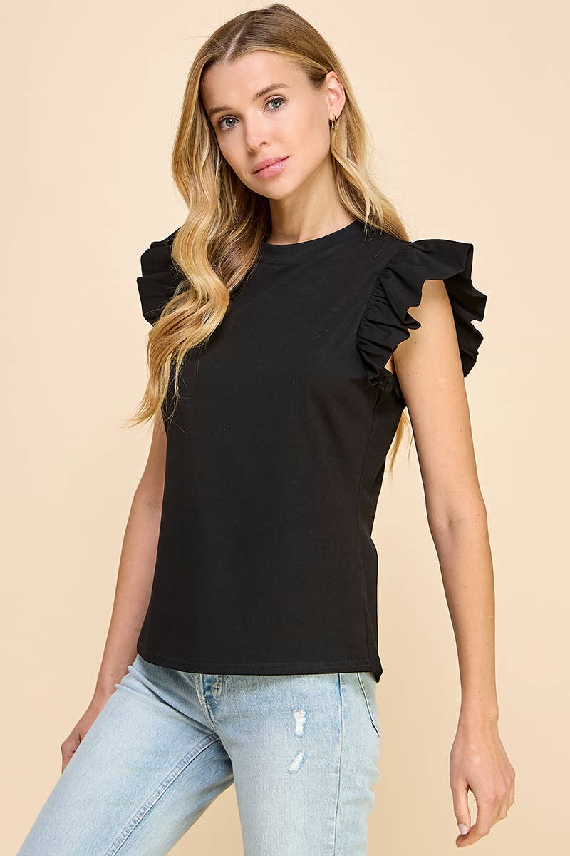 Ruffle Sleeve Poplin Top Black