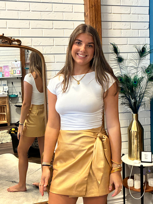 Briley Gold Faux Leather Skirt with Side Bow