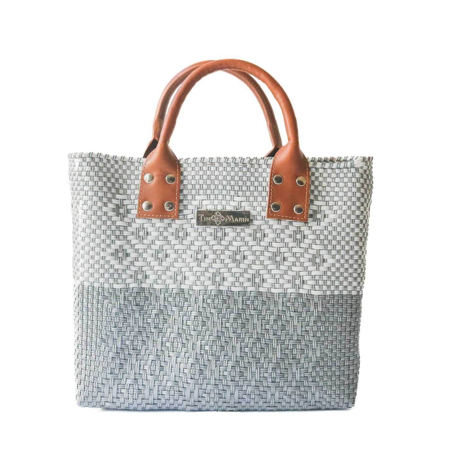 Gray Large Woven Crossbody Bag - Tan Leather