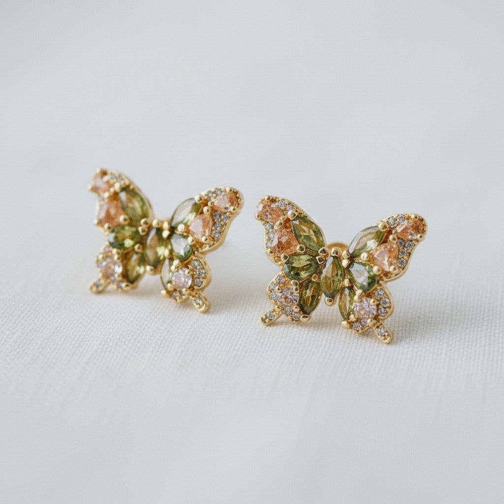 Olive Green Cubic Zirconia Butterfly Earrings