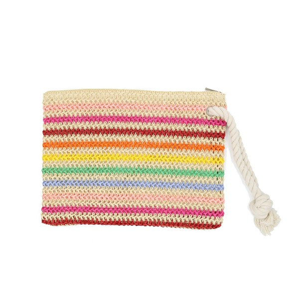 Striped Straw Crochet Tote w Pouch