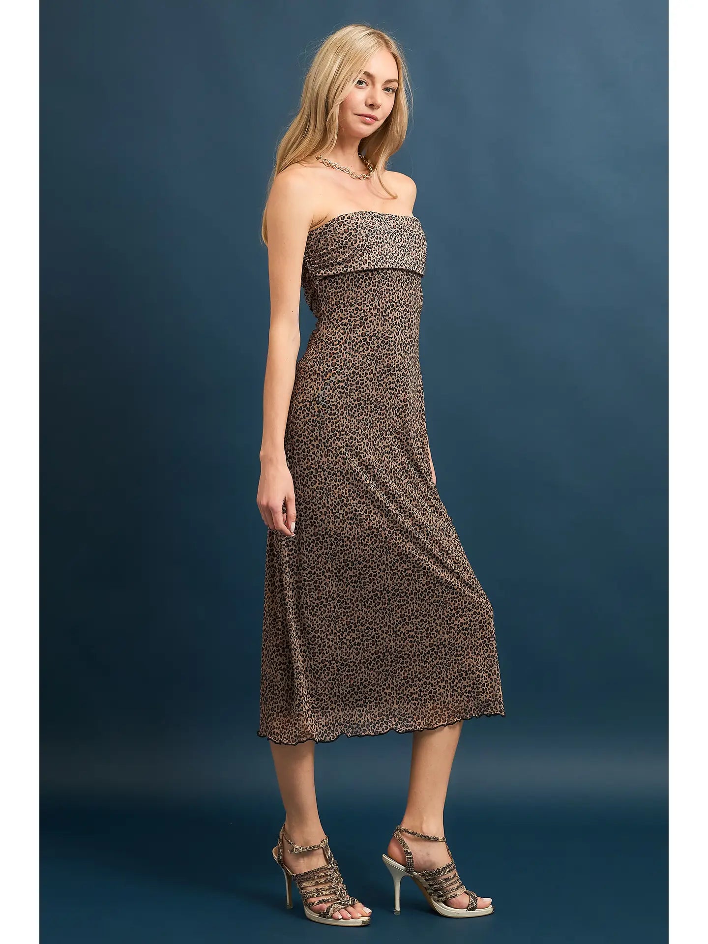 Ashley Leopard Print Mesh Tube Midi Dress