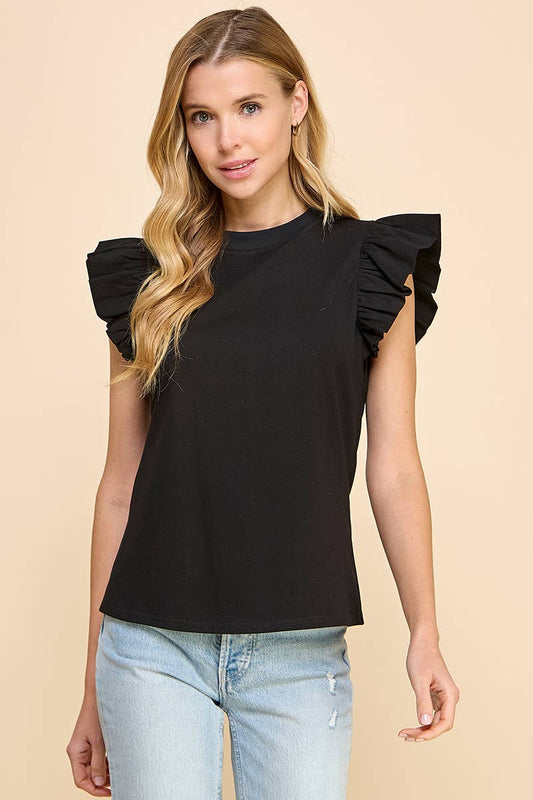 Ruffle Sleeve Poplin Top Black