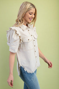 Linen Button up Shirt w Ruffled Gathered Sleeve