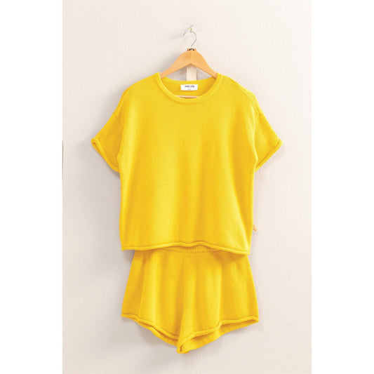Bright Yellow Short Sleeve Basic Top And Shorts Set