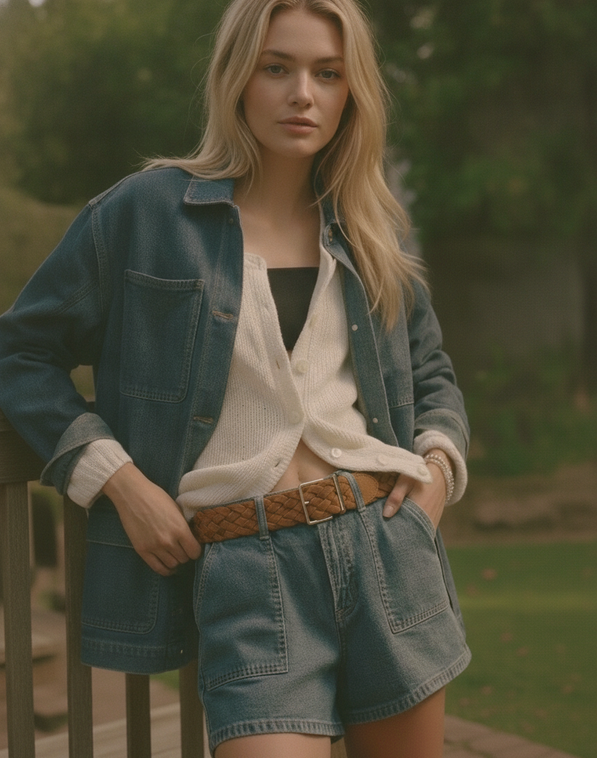 Woman wearing a denim jacket, white shirt, and shorts outdoors