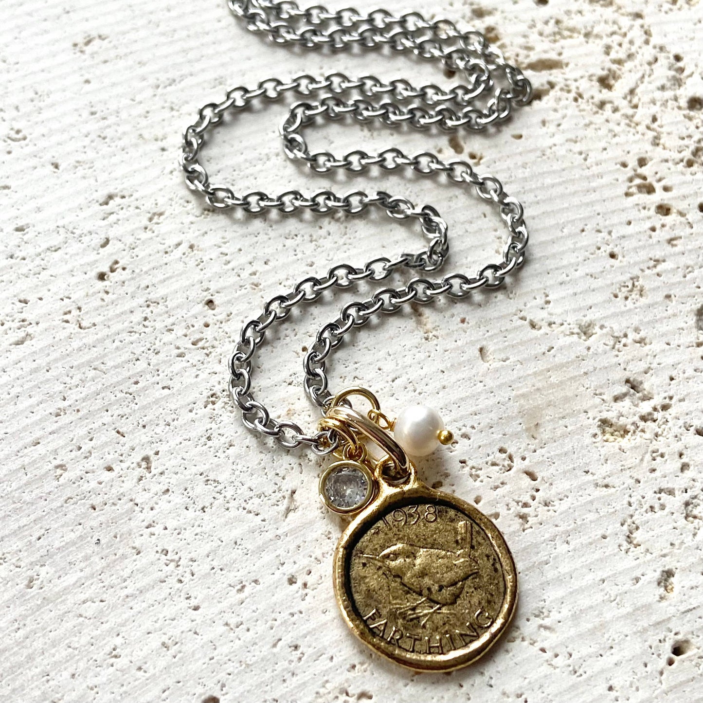 Farthing coin necklace England English royal jewelry bird