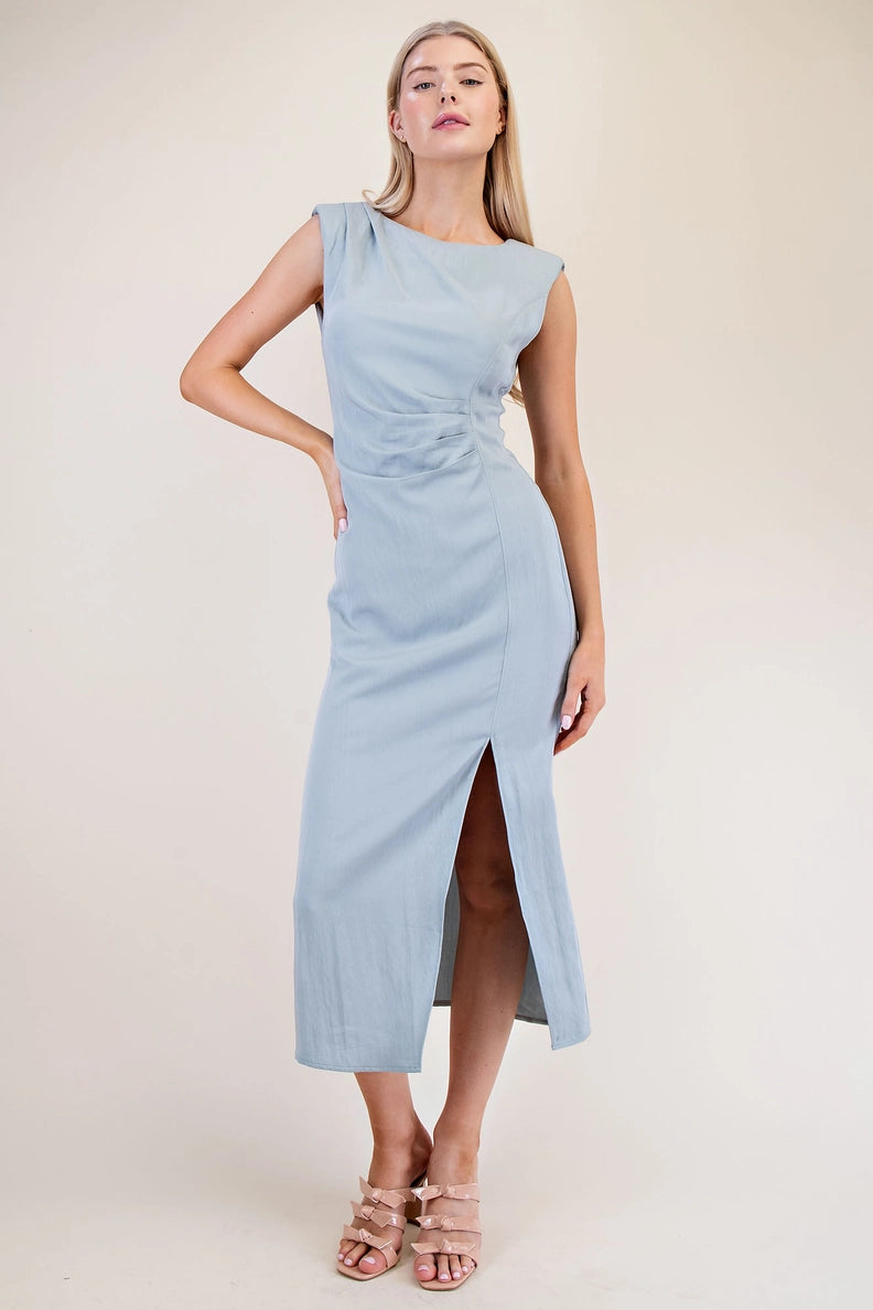 Blue Pleated Waist Midi Dress