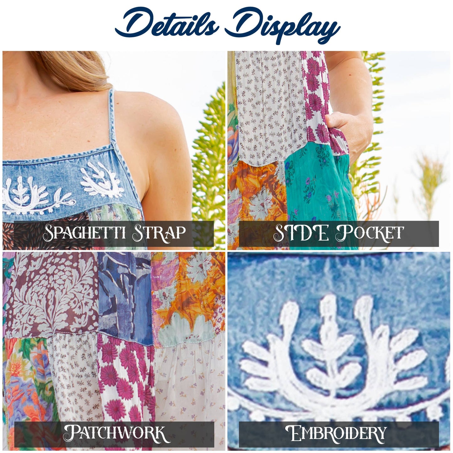 Babydoll Spaghetti Dress Denim Yolk Patched