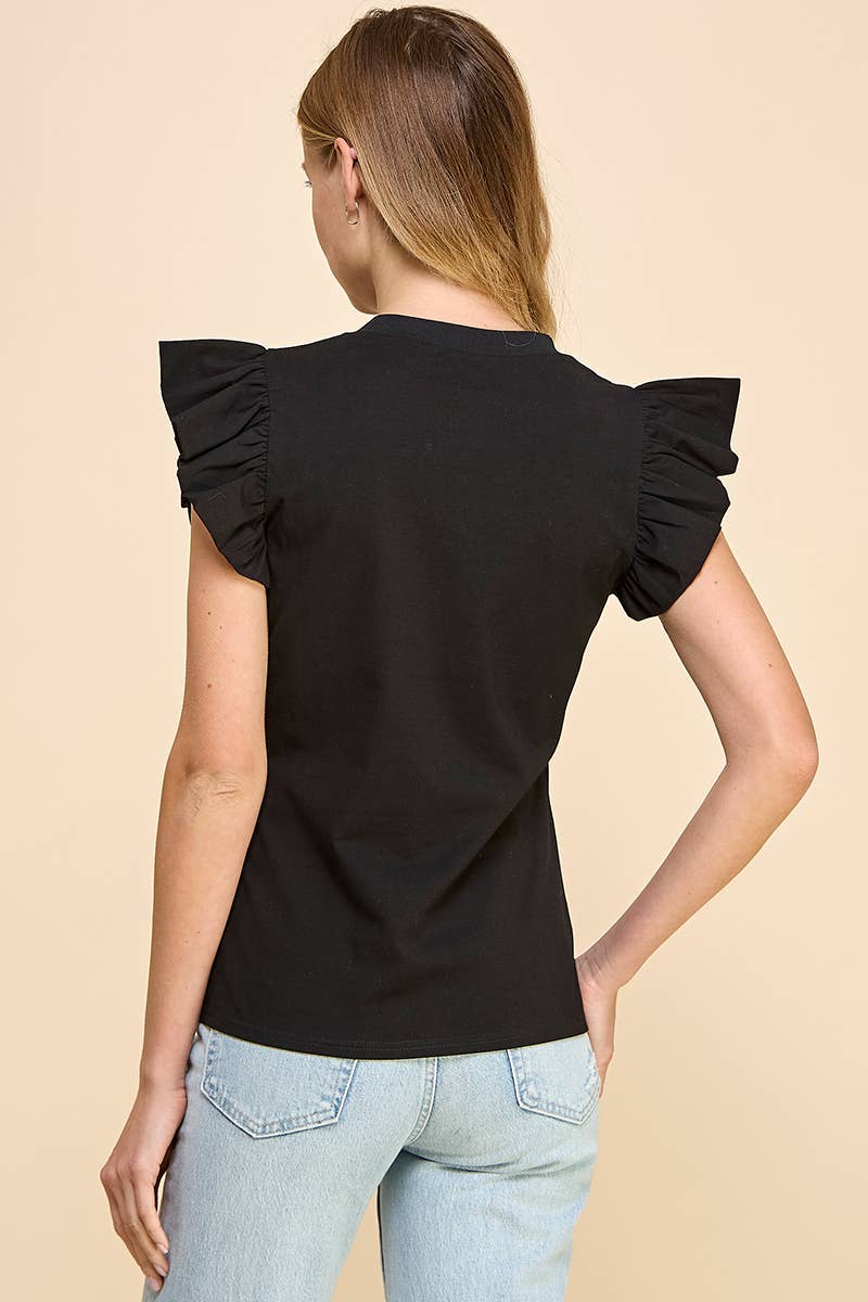 Ruffle Sleeve Poplin Top Black