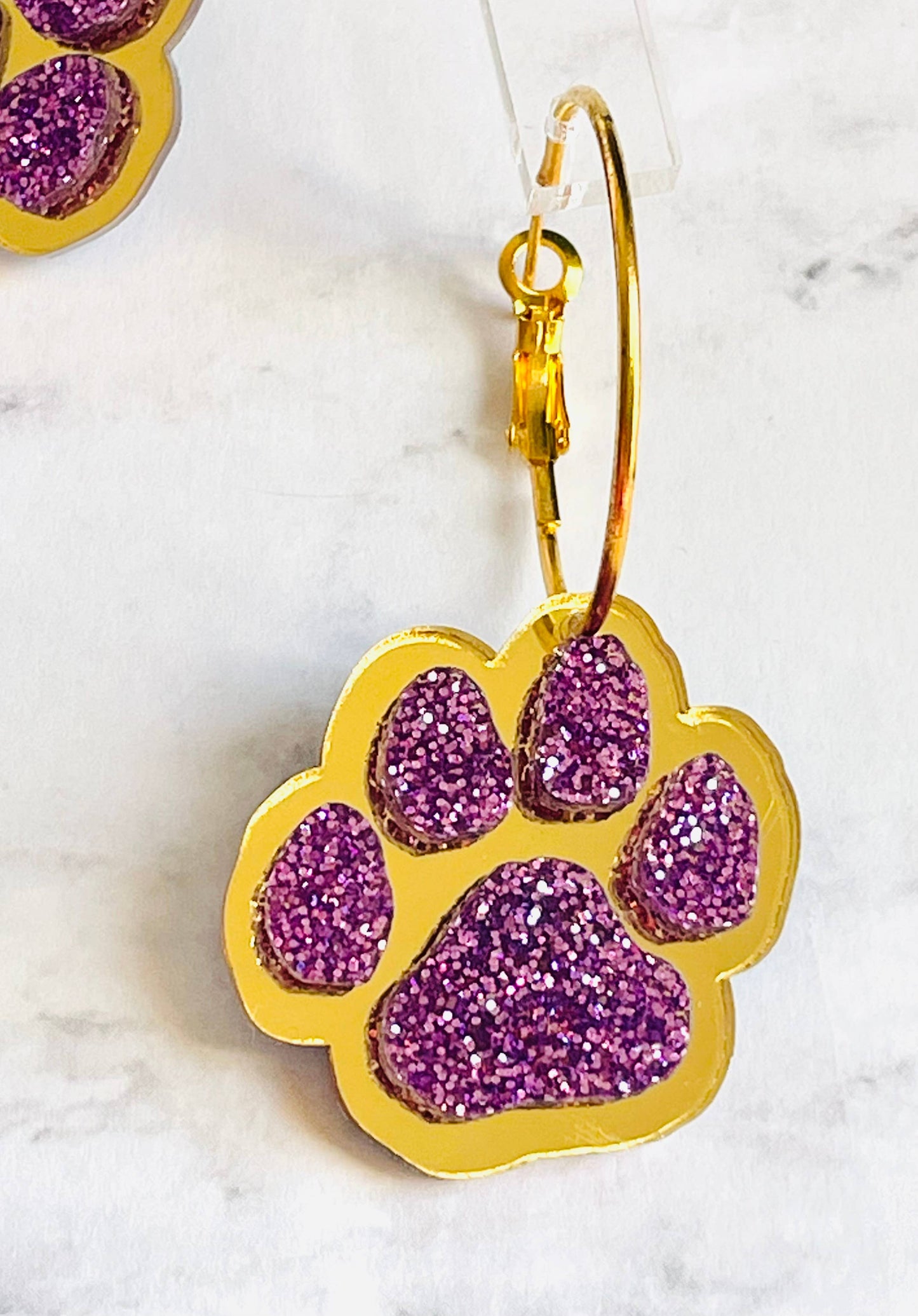 Purple & Gold Football Sports Paw Hoop Earrings