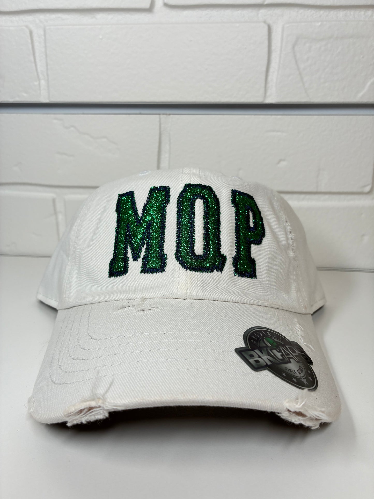 MQP White Distressed Glitter Baseball Cap