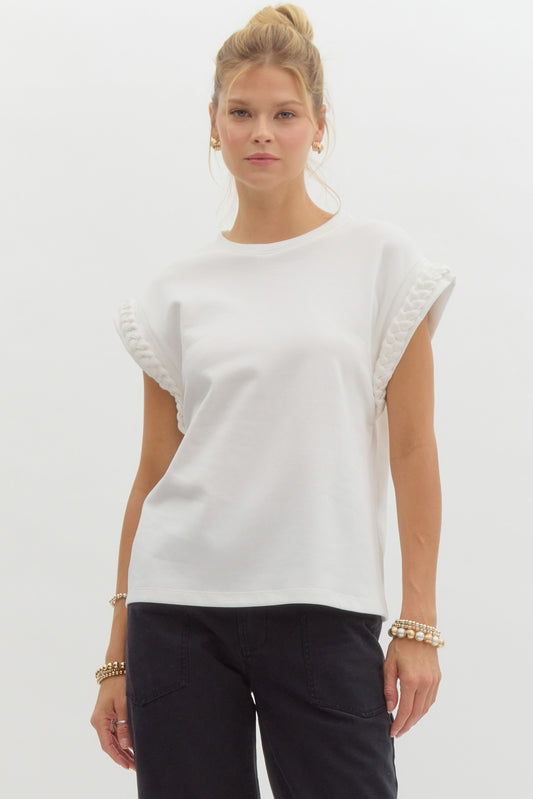 White Solid Round Neck Cap Sleeve Top