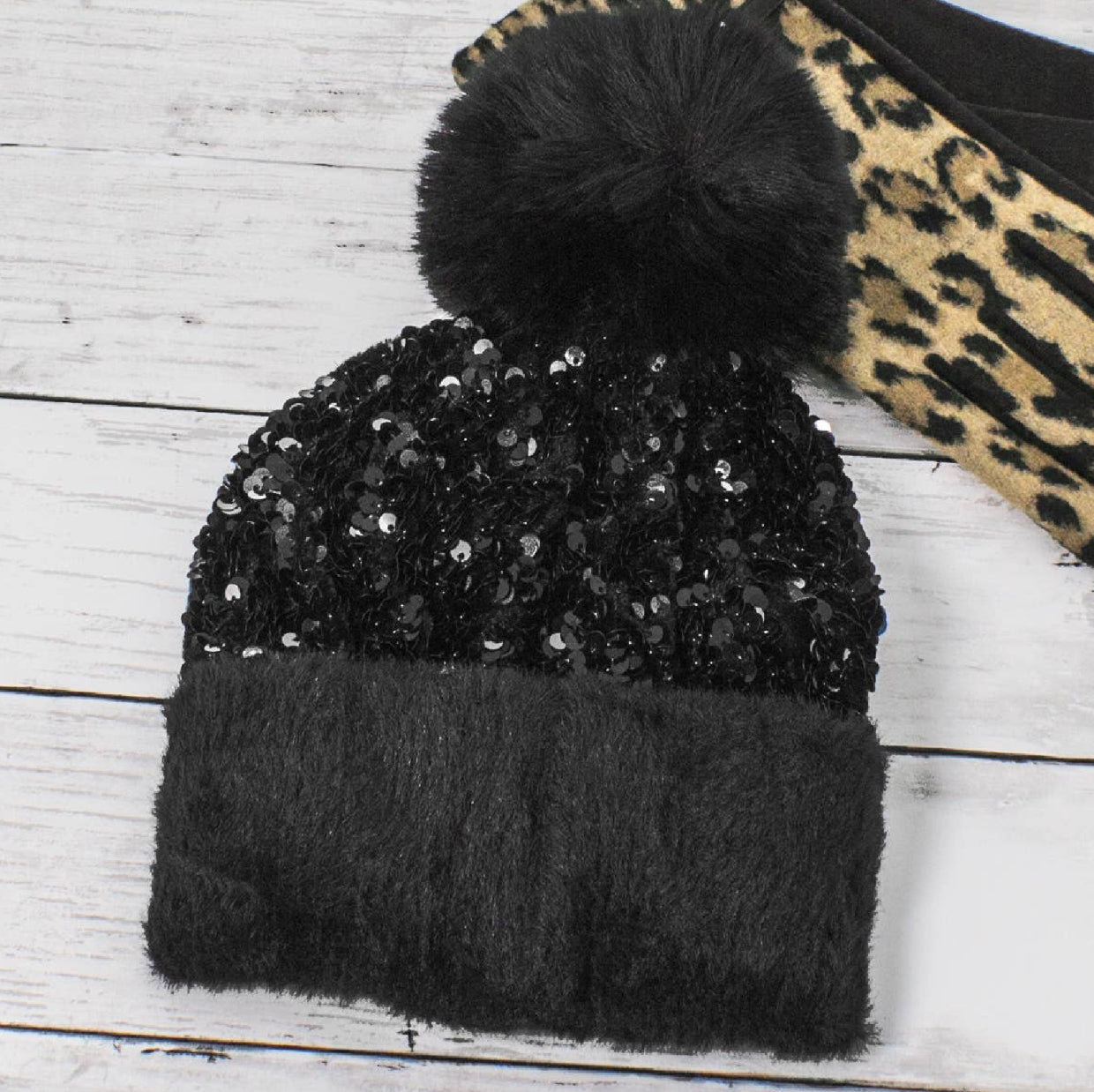 Sequin Fur Pom Fashion Beanie - Black