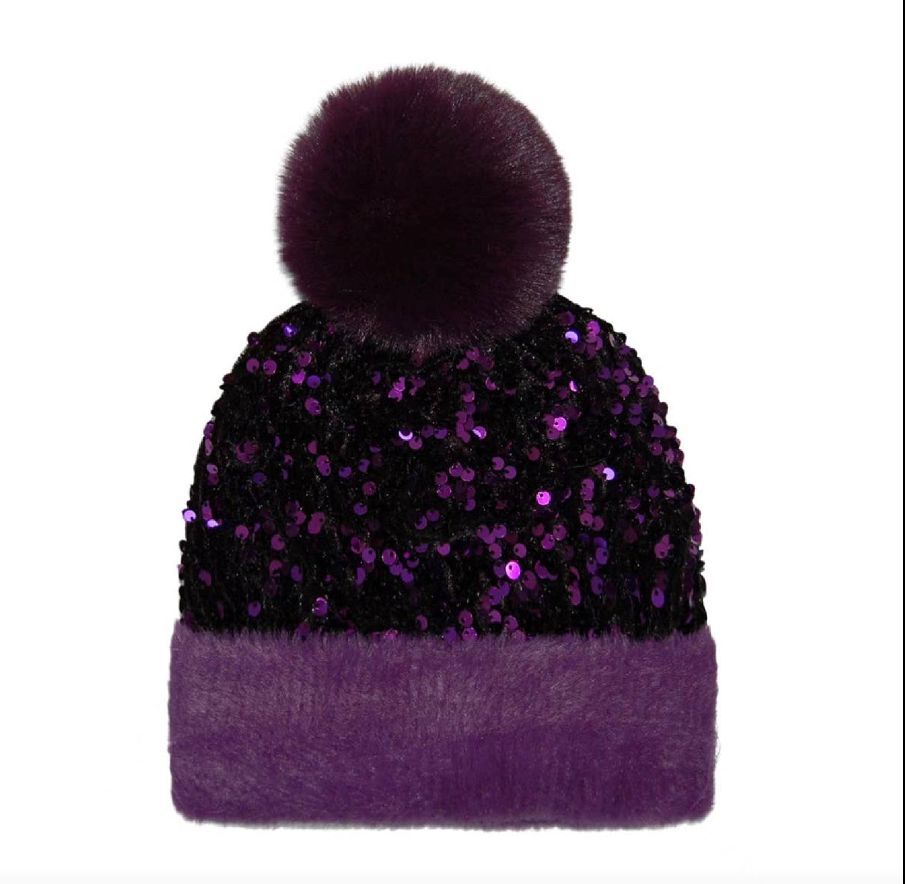 Sequin Fur Pom Fashion Beanie - Purple