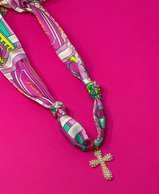 SCARF CHARM NECKLACE - PURPLE MULTI PRINT SCARF WITH PEARL CROSS