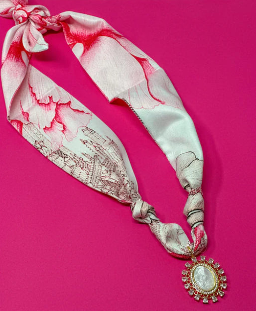 SCARF CHARM NECKLACE – PINK ABSTRACT PRINT WITH MARY RHINESTONE PENDANT