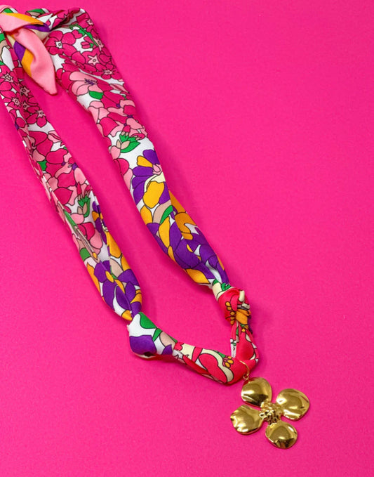 SCARF CHARM NECKLACE – PINK AND PURPLE FLORAL PRINT WITH GOLD FLOWER PENDANT
