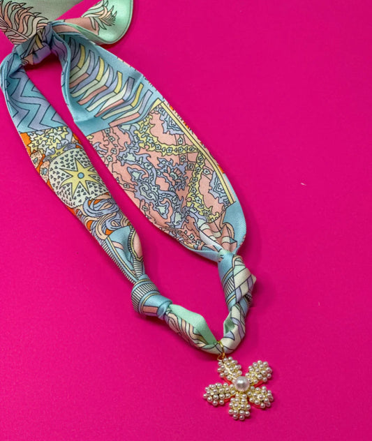 SCARF CHARM NECKLACE - BLUE AND CORAL PRINT WITH PEARL FLOWER PENDANT